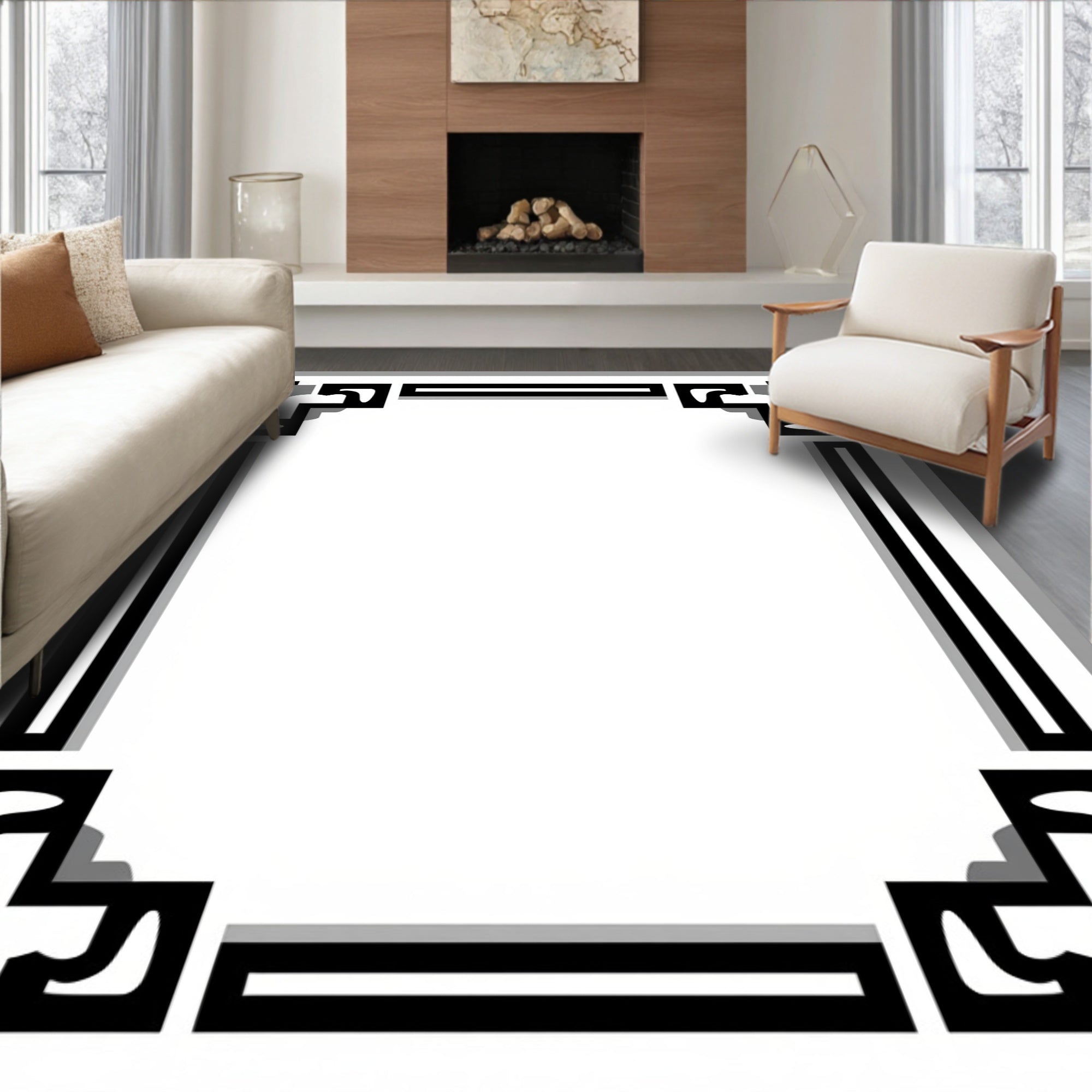 Bold Black White Geometric Framing Rug