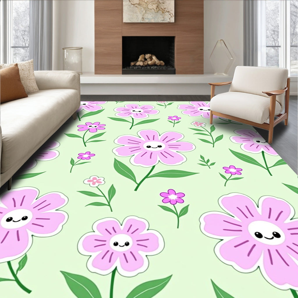 Whimsical Floral Pattern with Smiling Flowers Rug