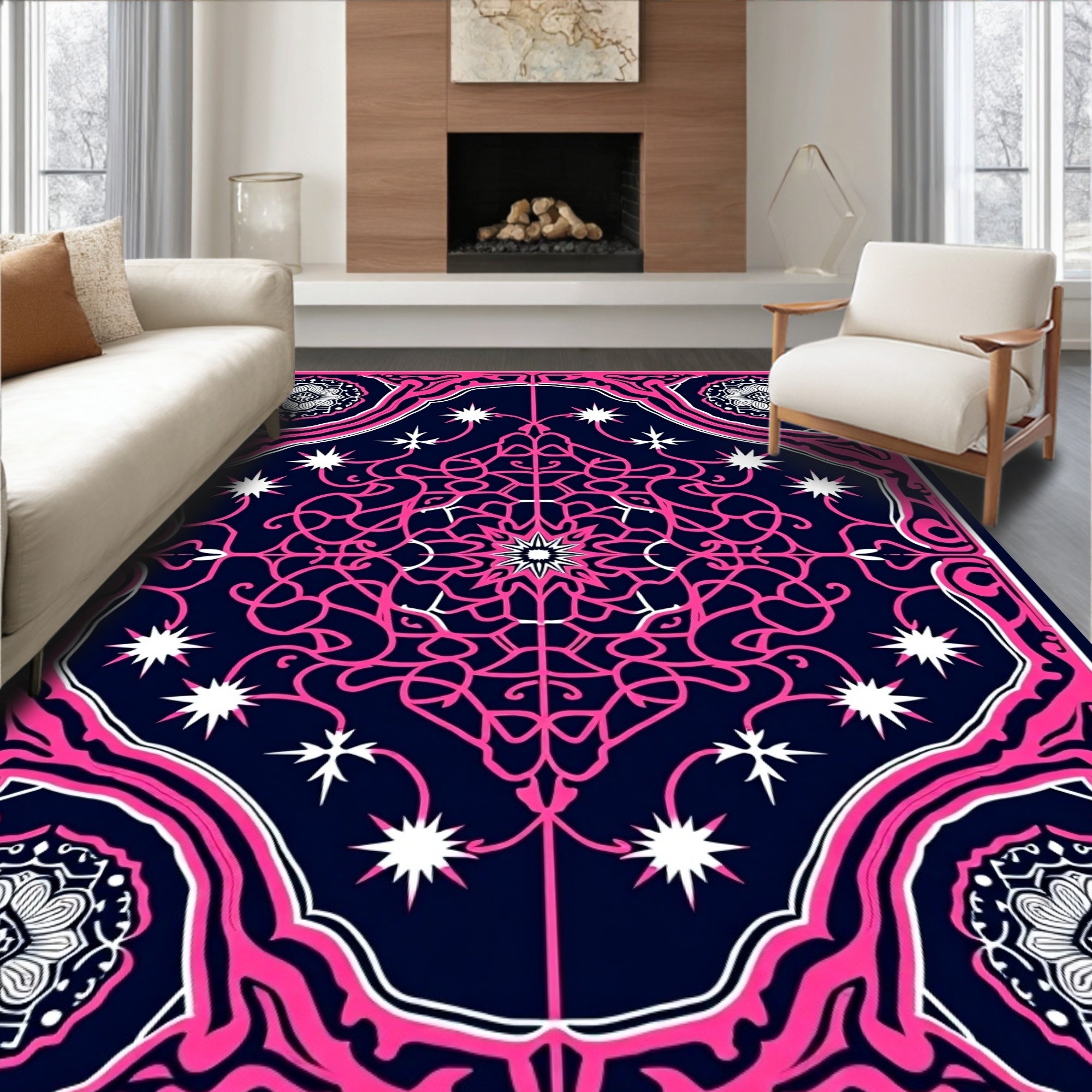 Ornate Pink And White Mandala Design Rug