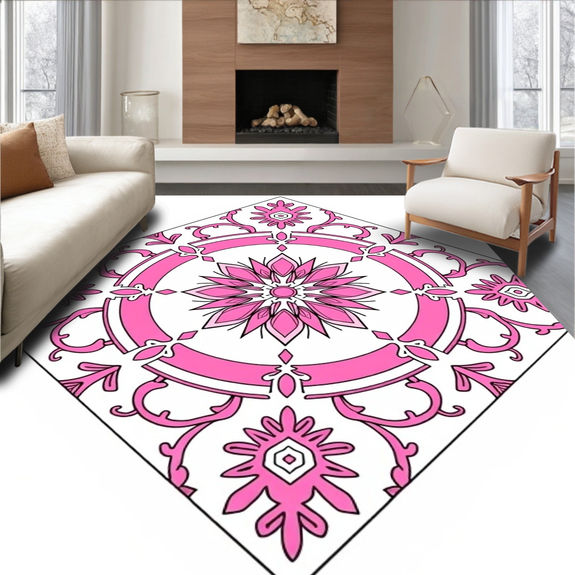 Pink White Floral Mandala Design Rug