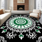 Green Floral Medallion Black White Rug