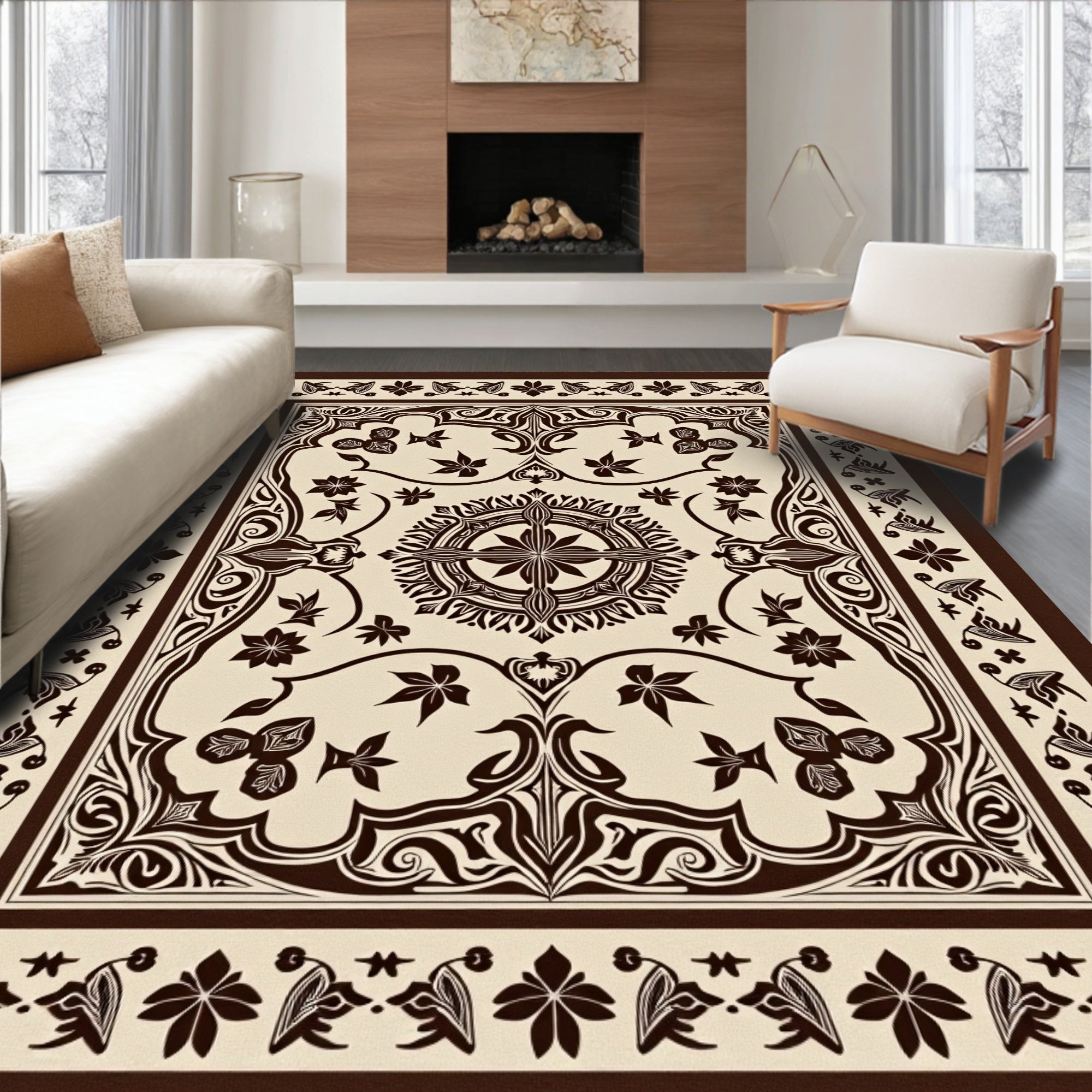 Ornate Floral Medallion Border Design Rug