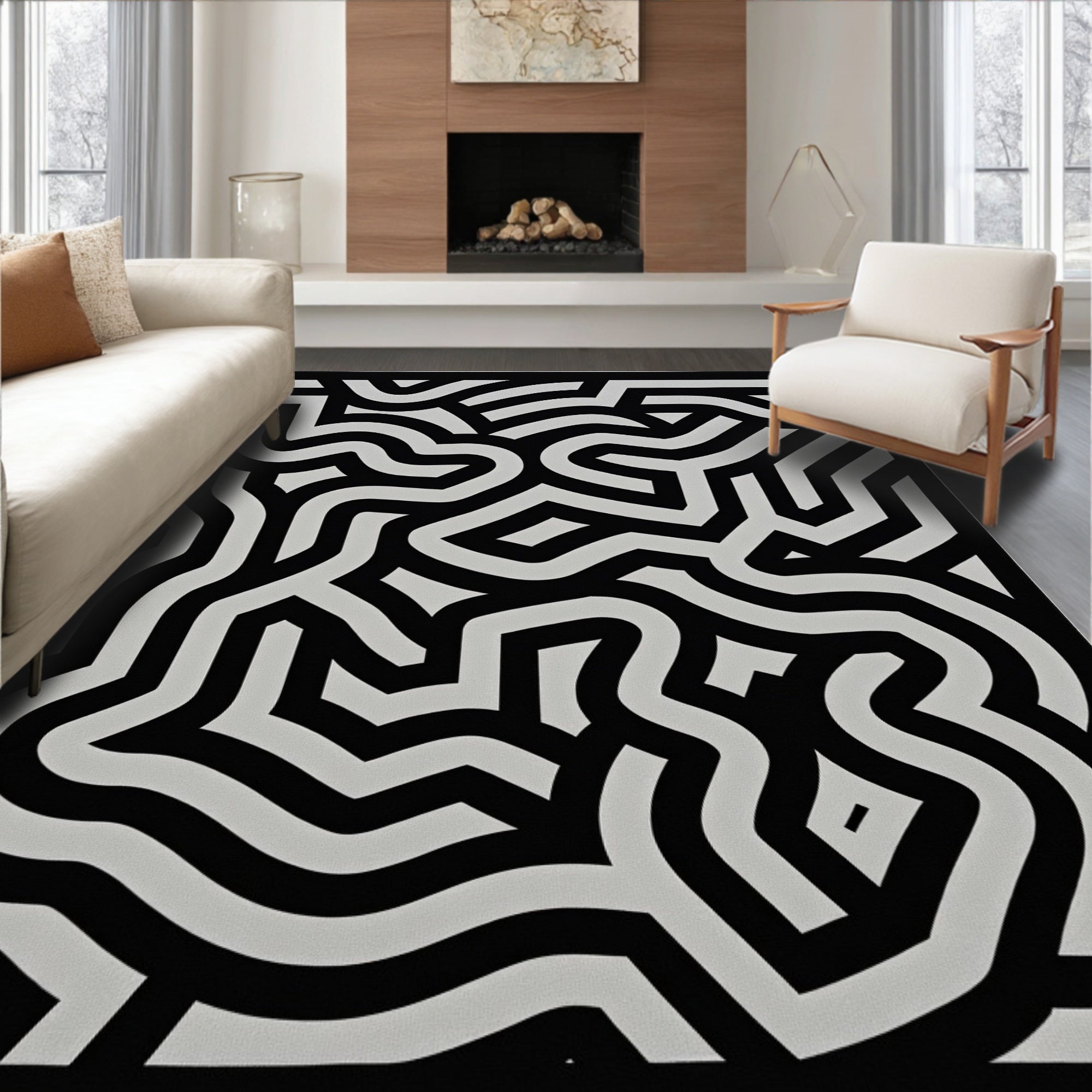 Black White Maze Pattern Rug