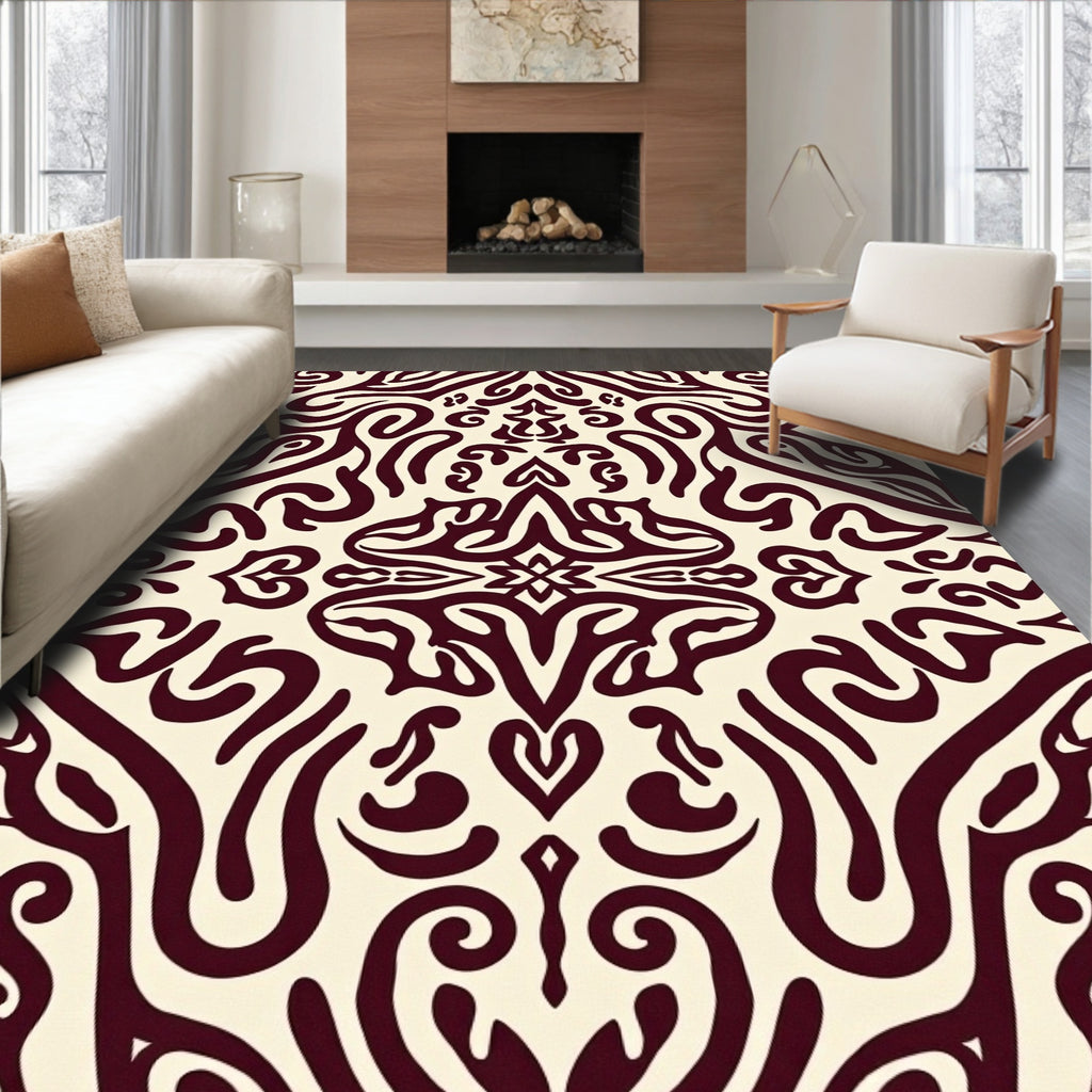 Ornate Burgundy Cream Damask Design Rug