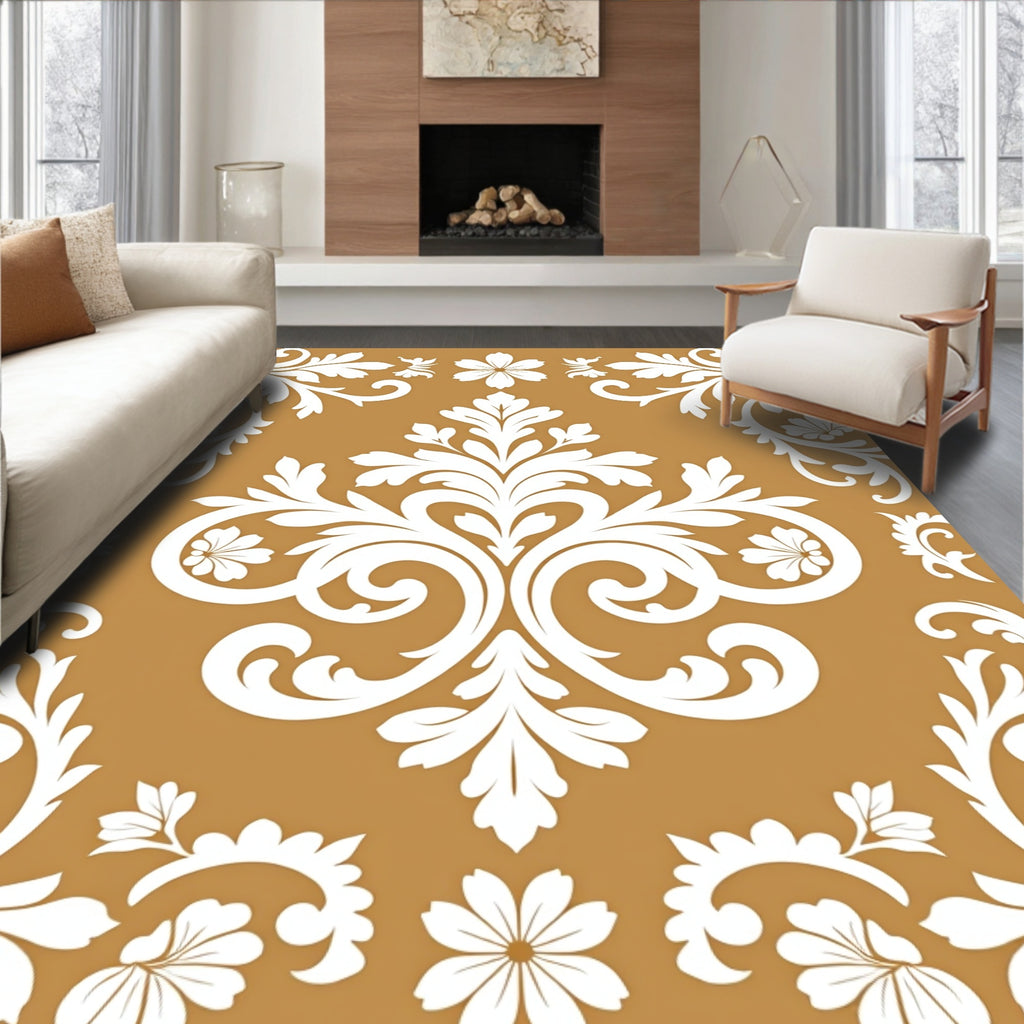 Ornate White Floral Damask Pattern Rug