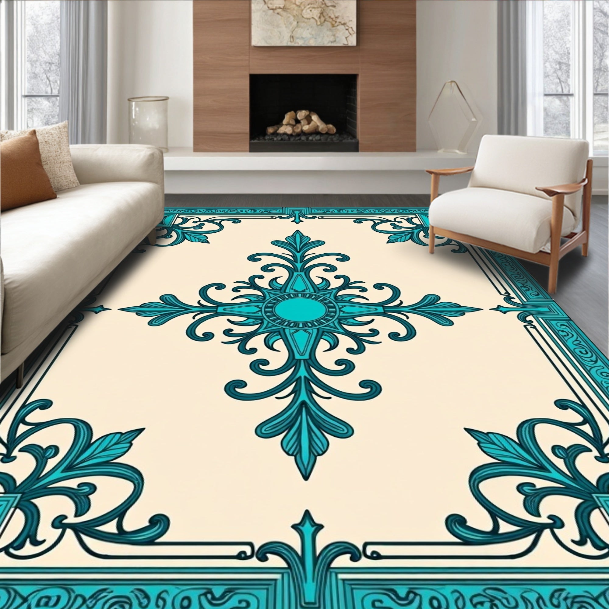 Teal Ornate Floral Border Rug