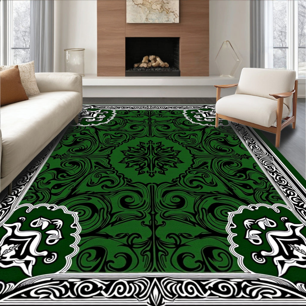 Emerald Green Ornate Floral Pattern Rug