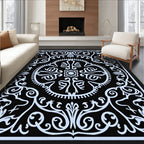 Ornate Black And White Floral Rug