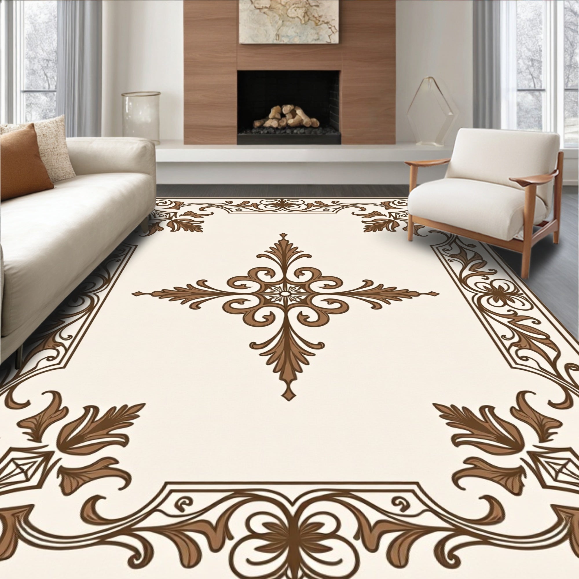 Ornate Brown Rococo Swirl Pattern Rug