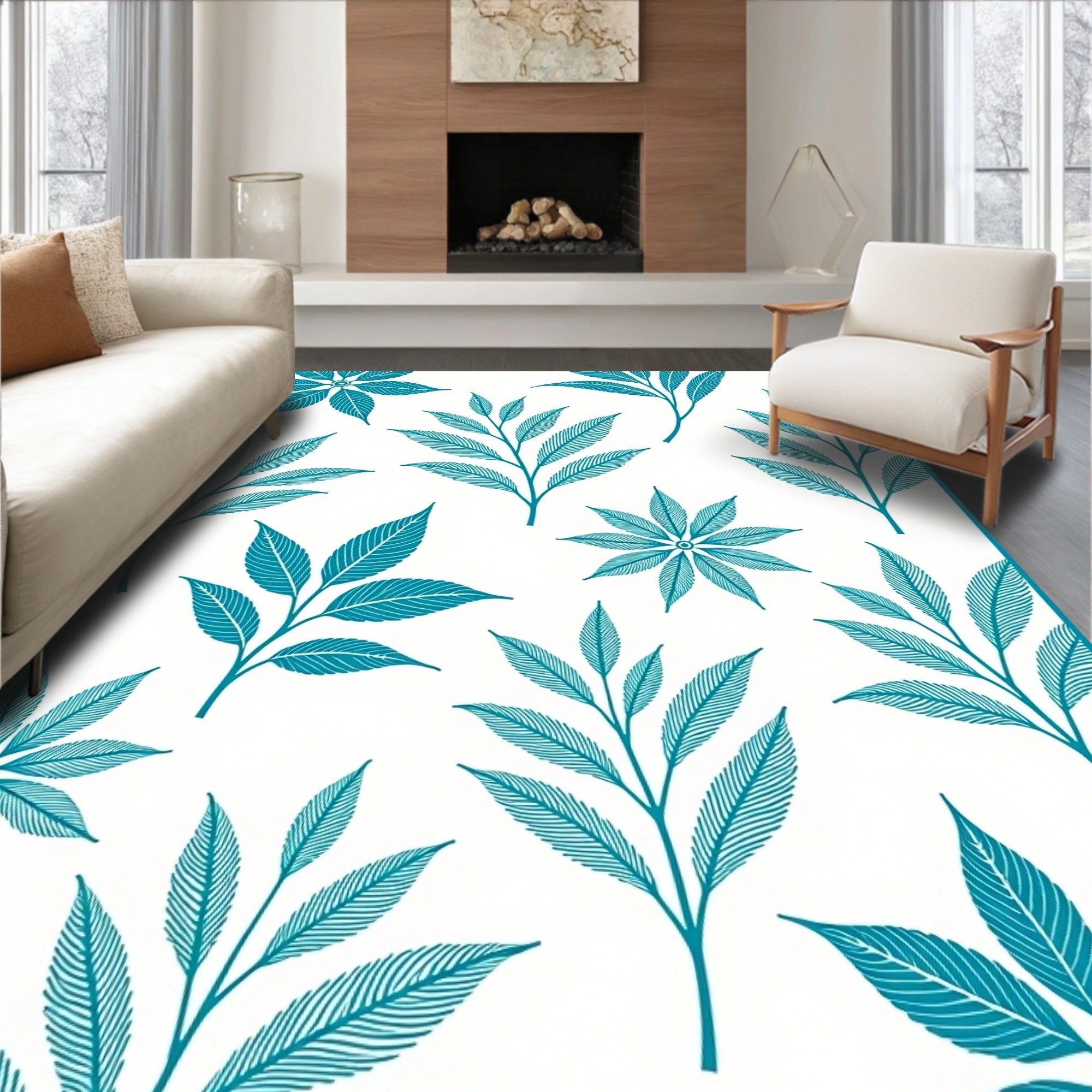 Teal Botanical Pattern Design Rug