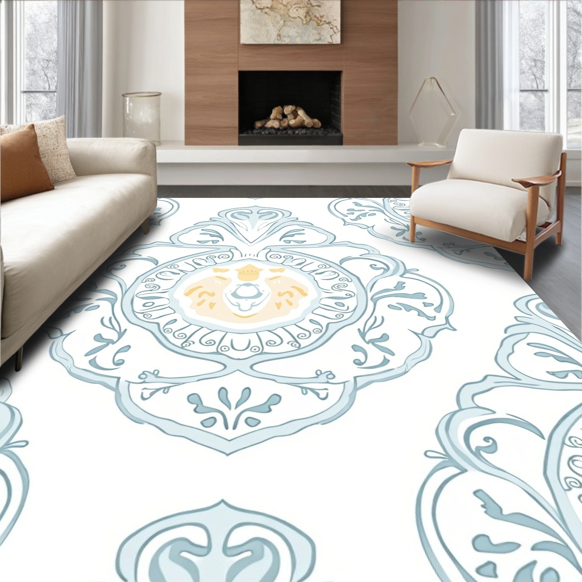 Light Blue Ochre Damask Pattern Runner Rug