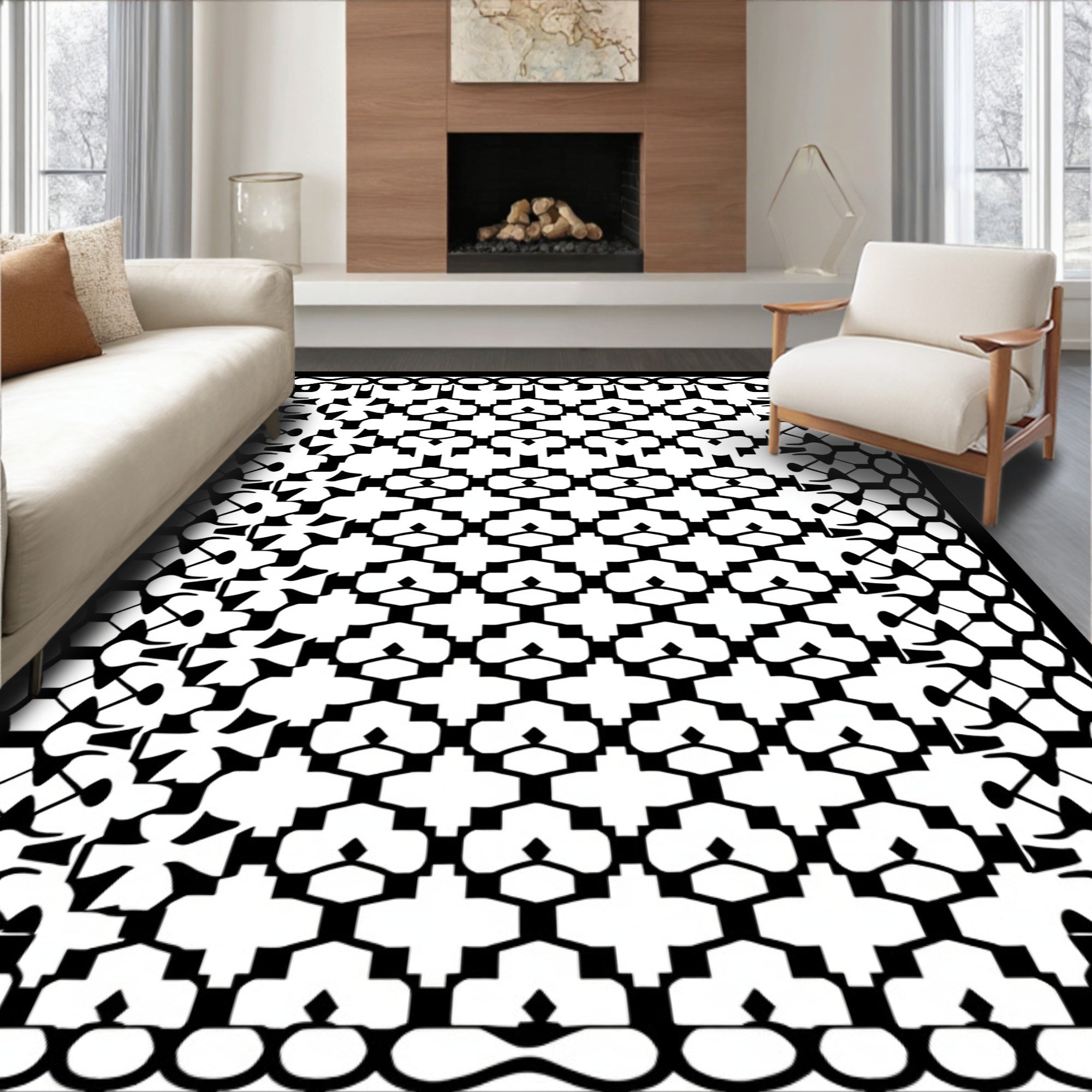 Black And White Geometric Patterned Rug