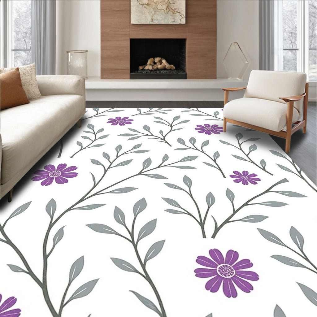 Purple Floral Grey Leaf Vines Rug