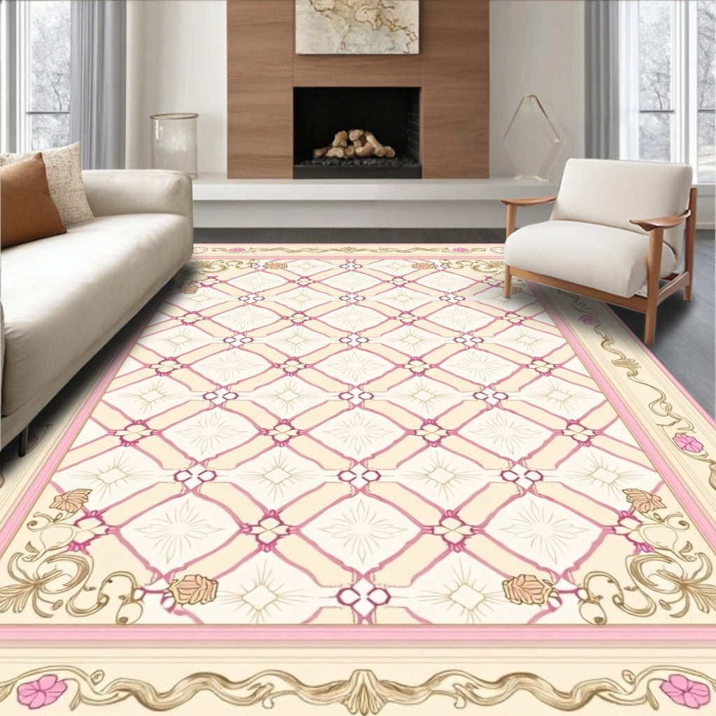 Ornate Pink Floral Diamond Pattern Rug