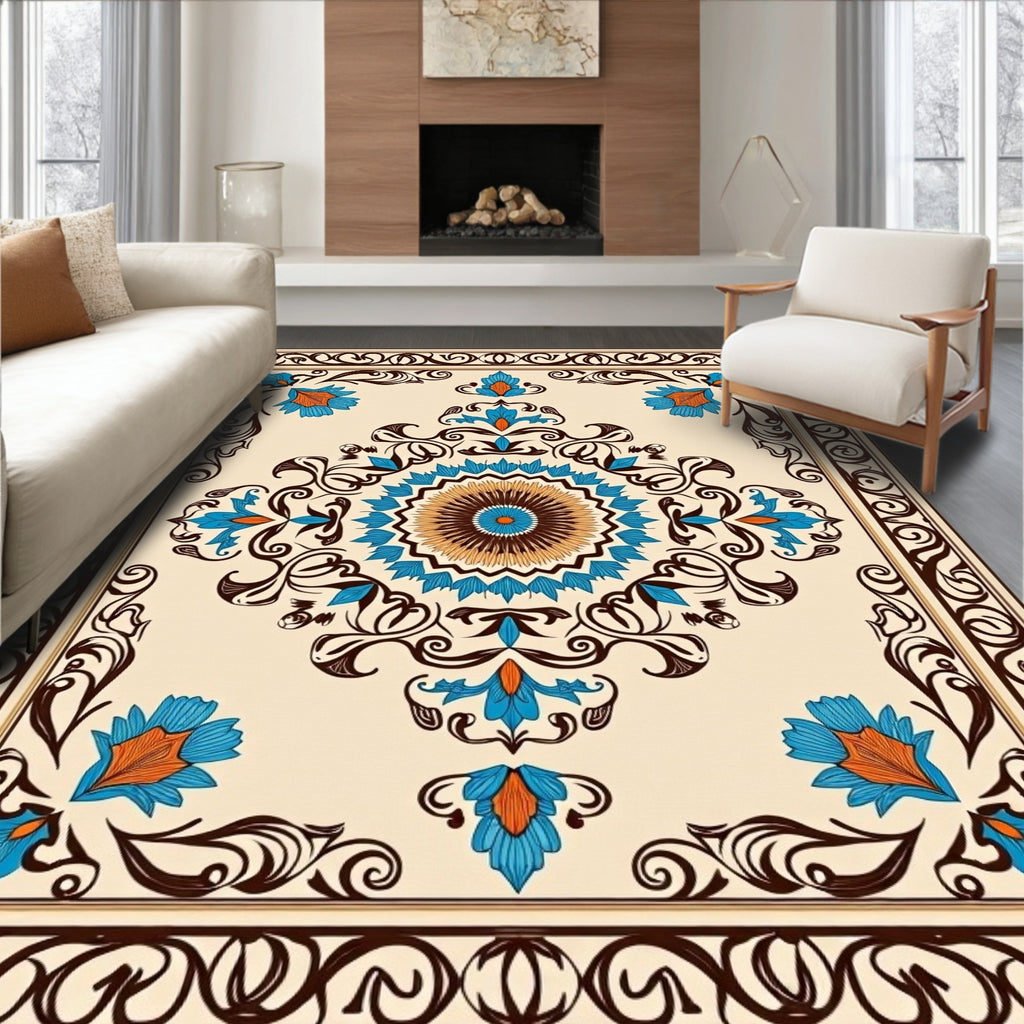 Floral Mandala With Swirl Border Design Rug