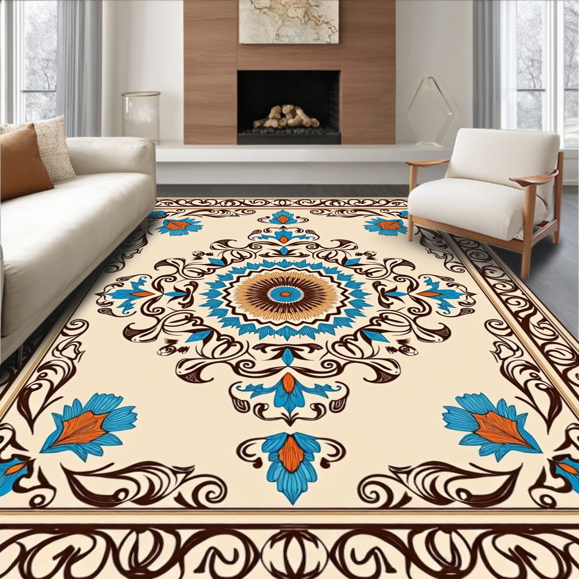 Floral Mandala With Swirl Border Design Rug