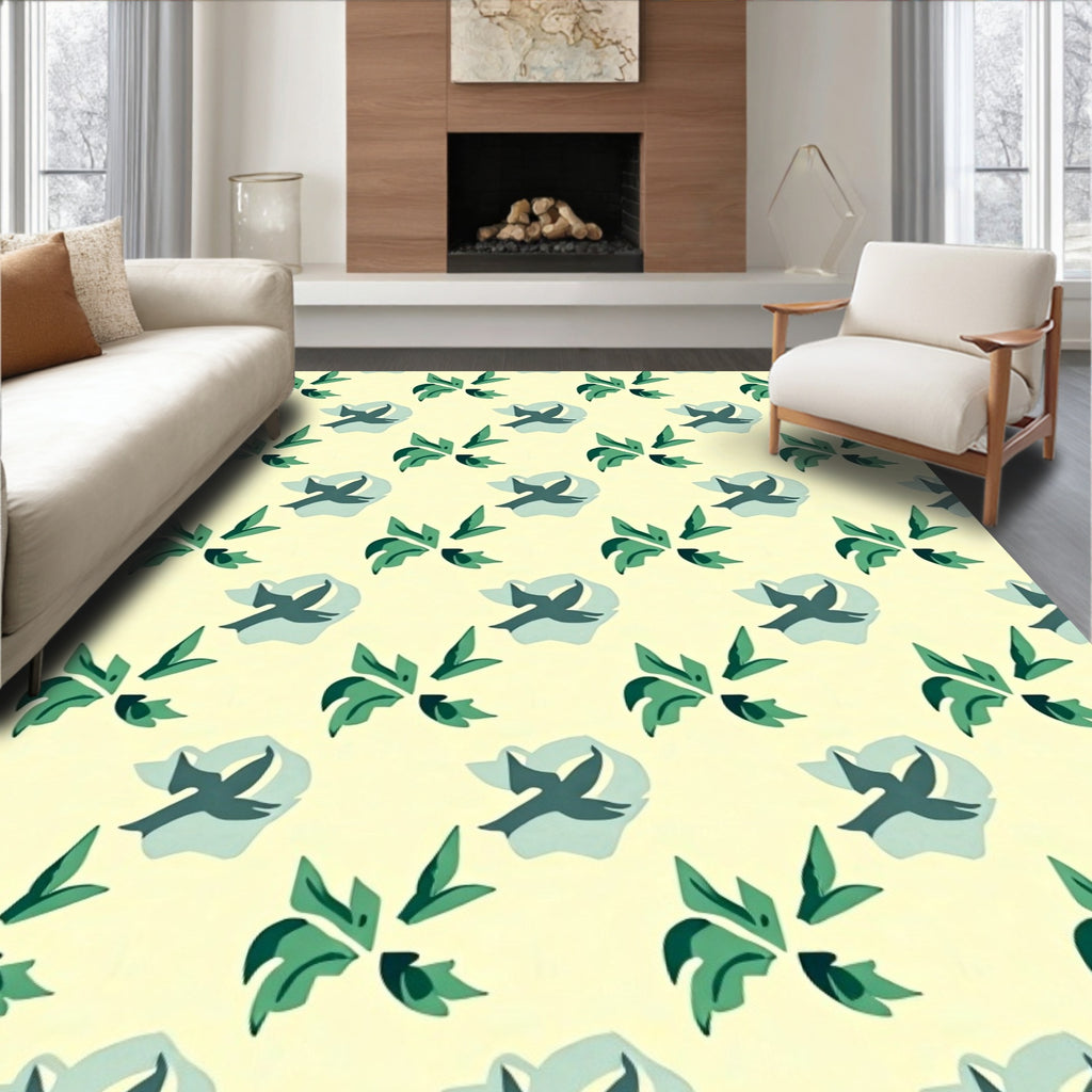 Light Yellow Bird and Leaf Pattern Rug