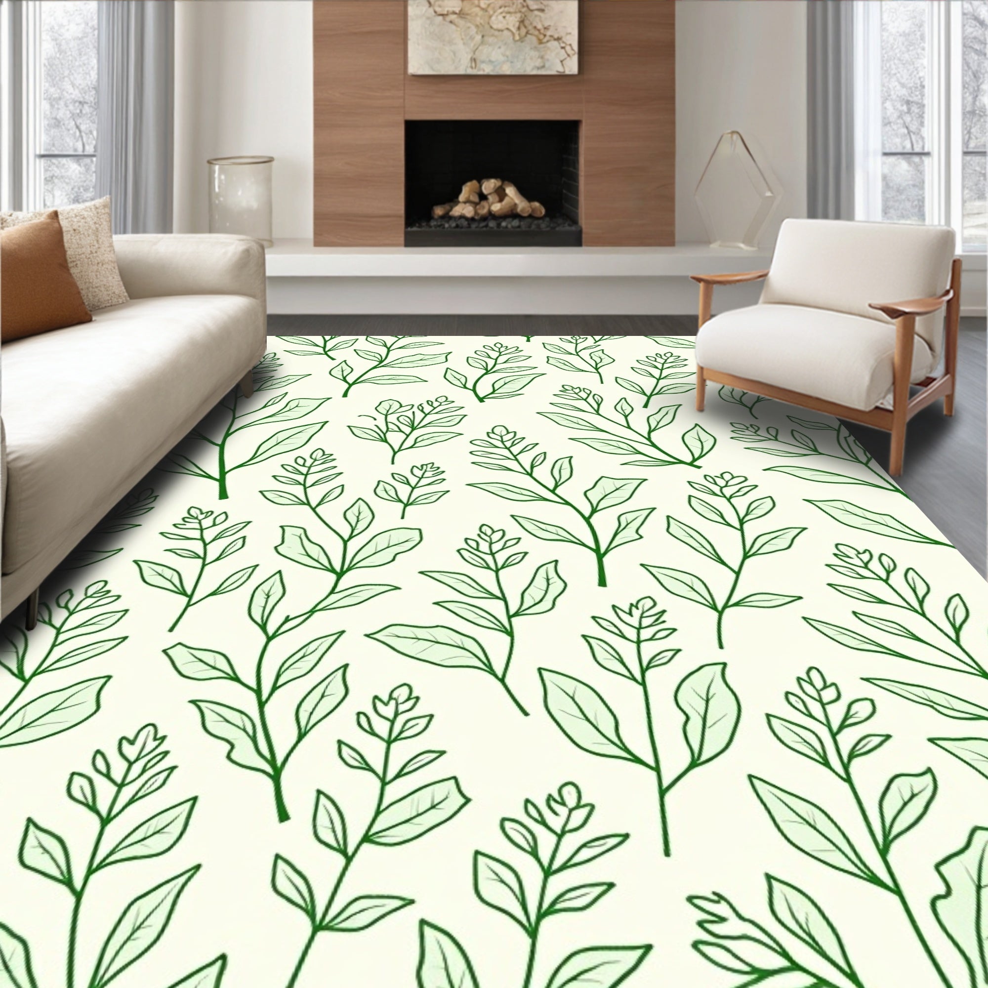Green Leafy Branch Pattern Rug