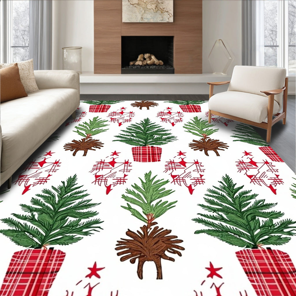 Holiday Evergreen Potted Trees Plaid Rug