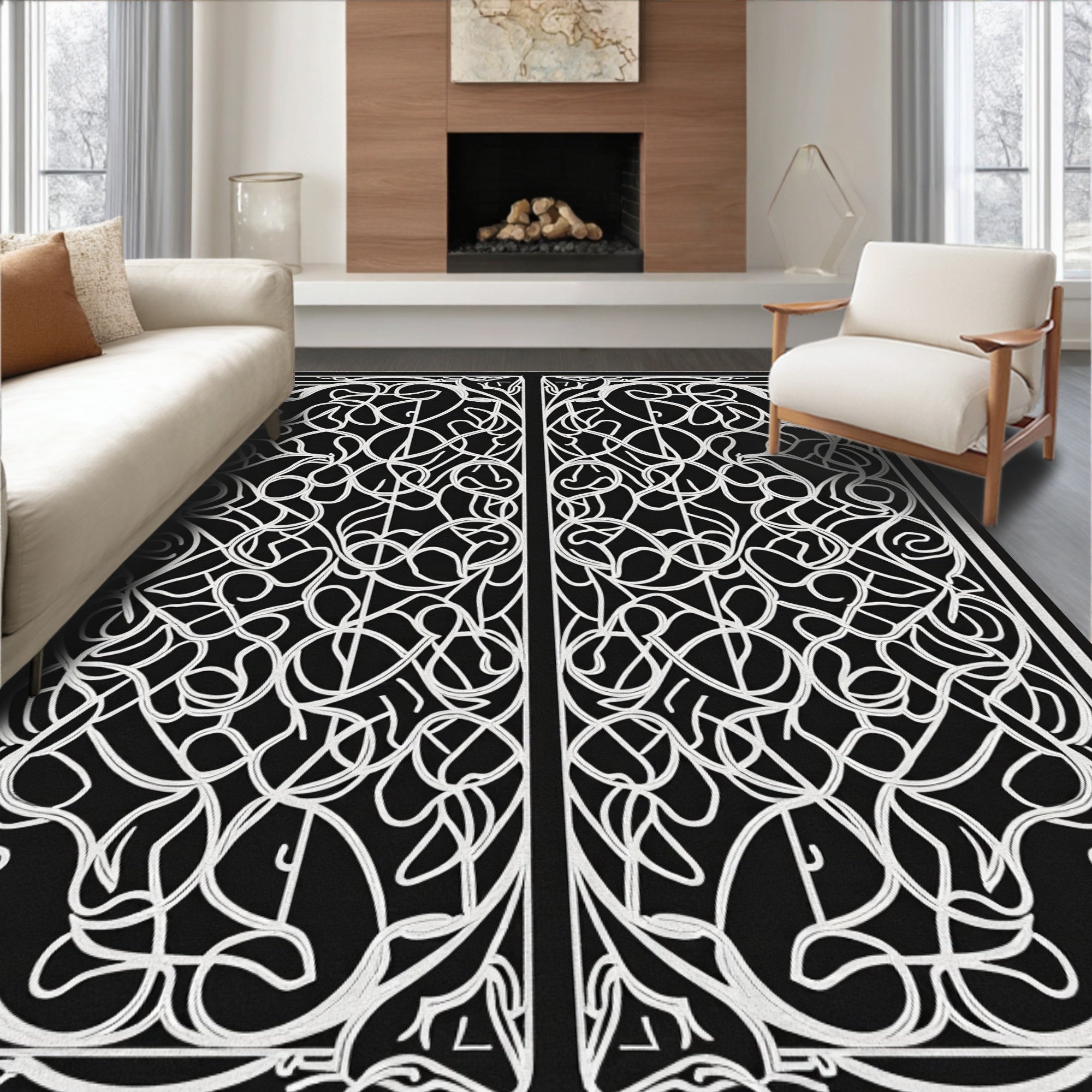 Intricate Swirl Black White Design Rug