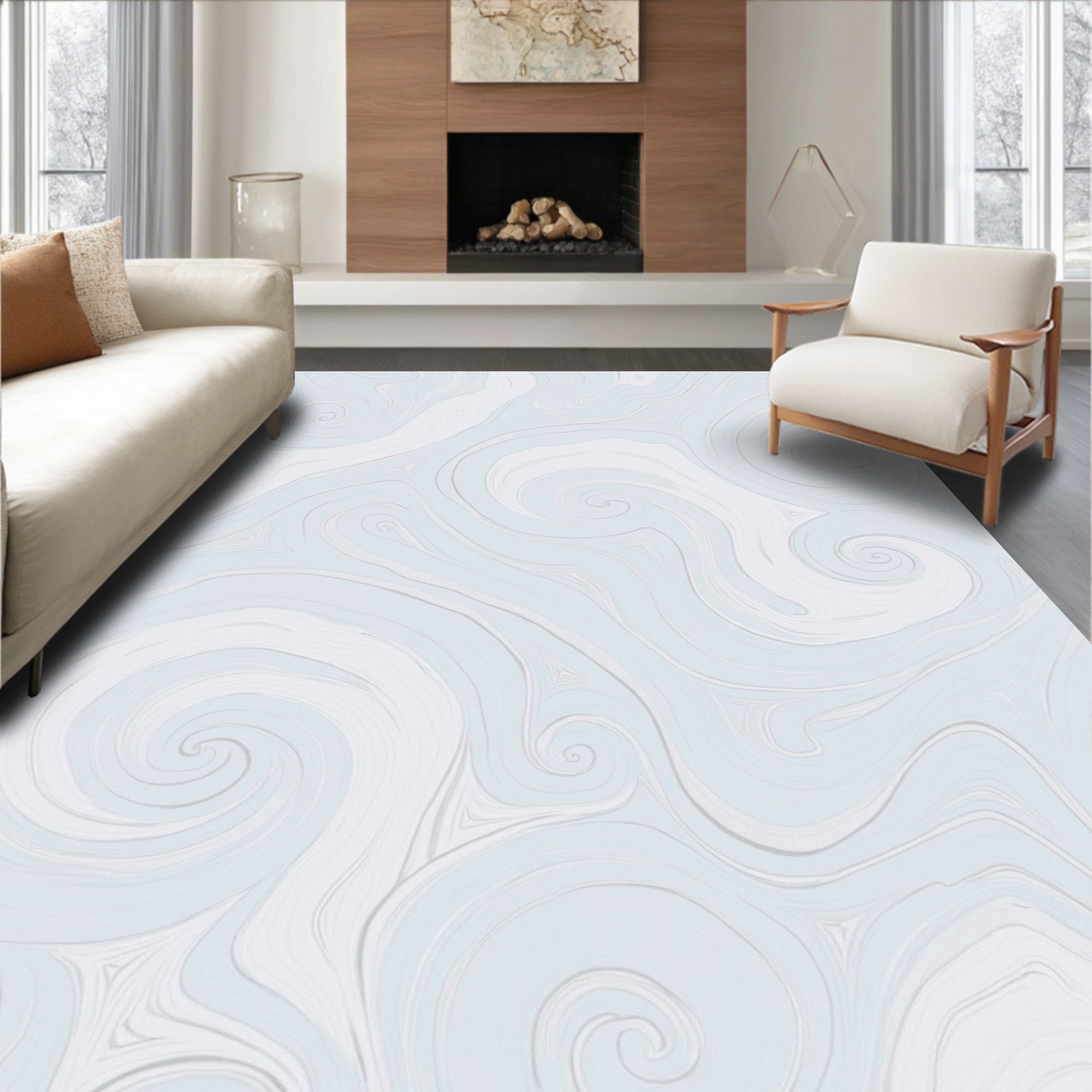 Abstract Swirls Light Blue White Rug