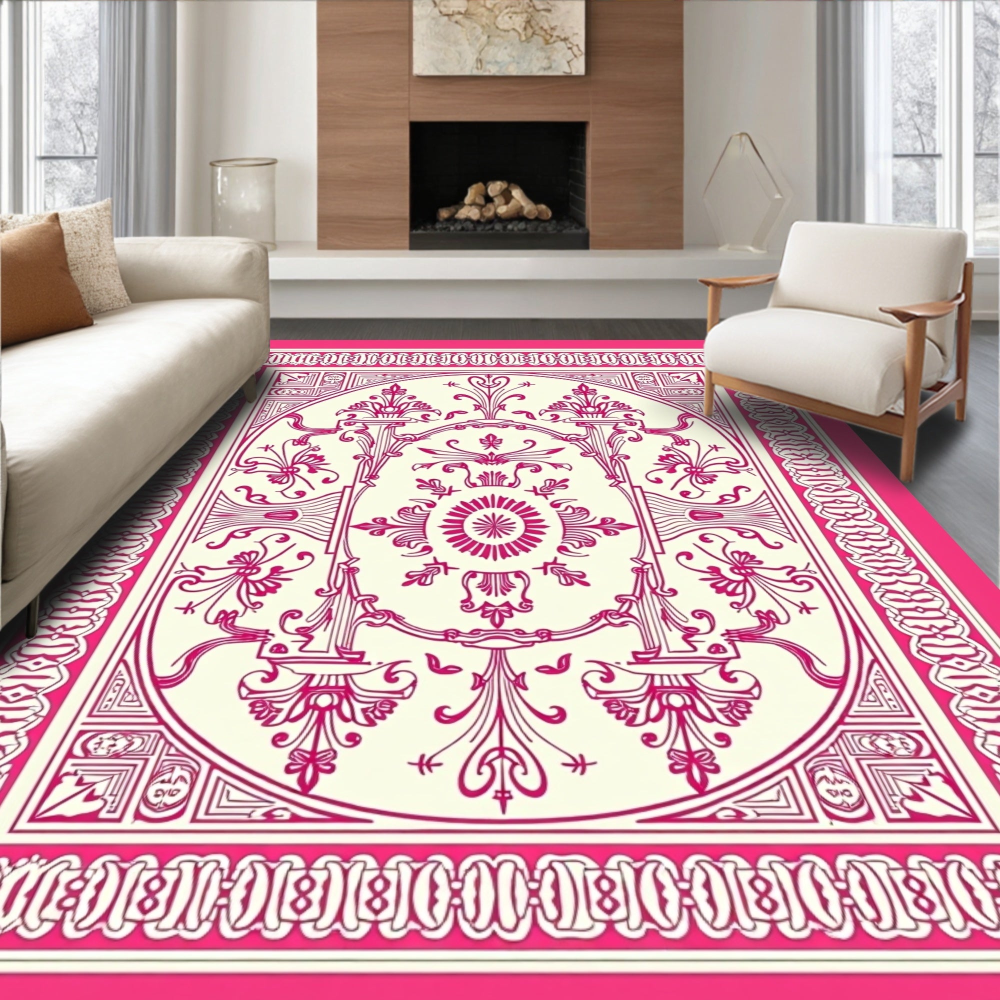 Elaborate Pink Floral Central Medallion Design Rug