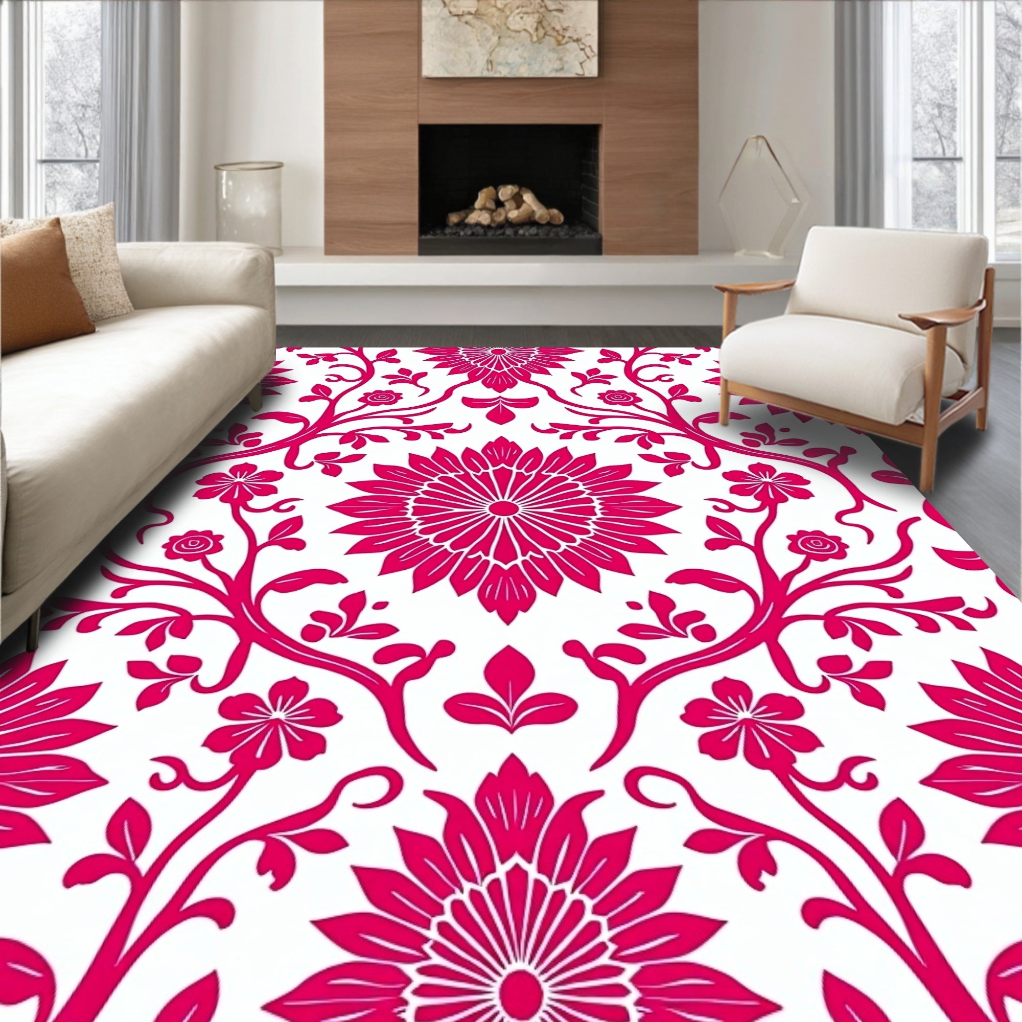 Deep Pink Floral Vine Pattern Rug