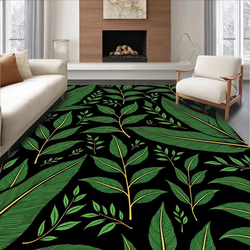 Green Leaf Pattern Tropical Design Rug