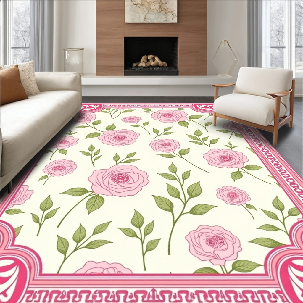 Pink Rose Floral Pattern Rug