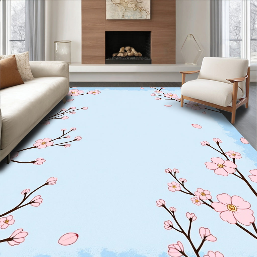 Pink Cherry Blossoms on Blue Canvas Rug