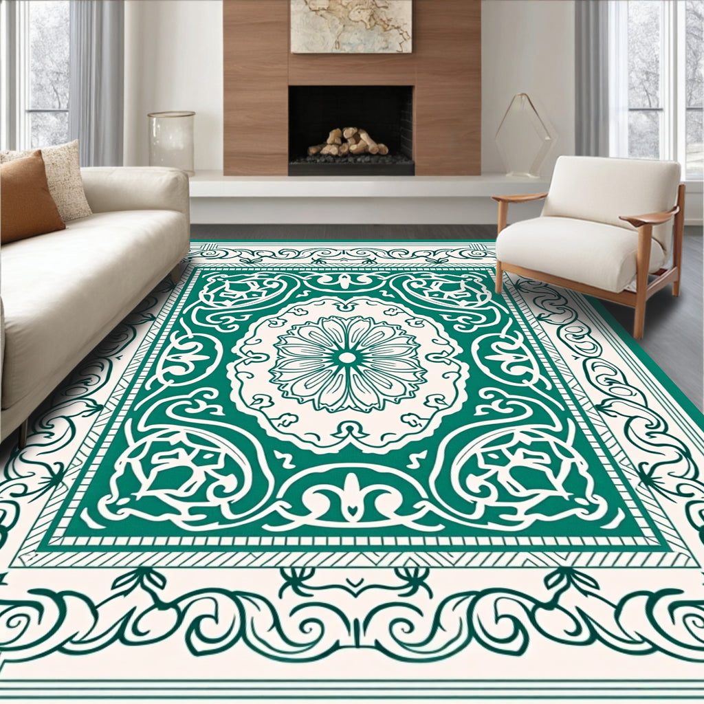 Green Floral Medallion Border Pattern Rug