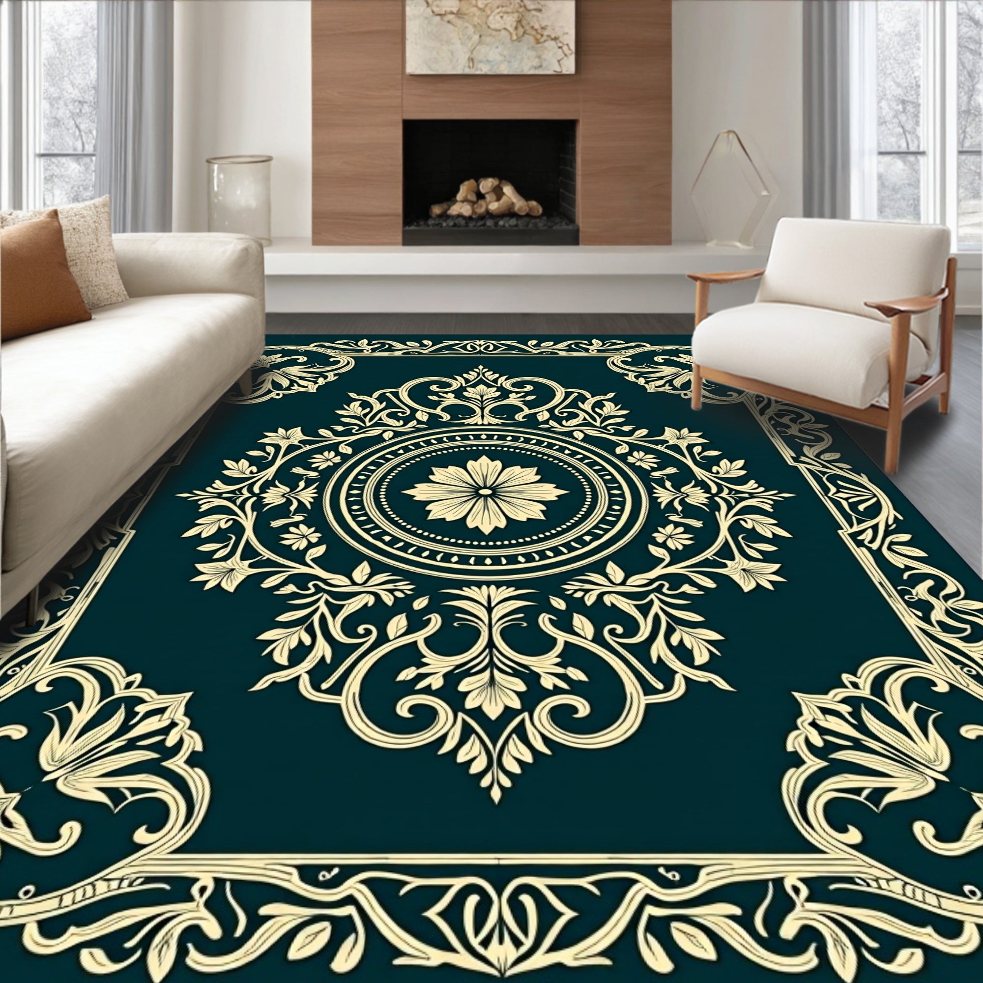 Elegant Floral Medallion Border Decor Rug
