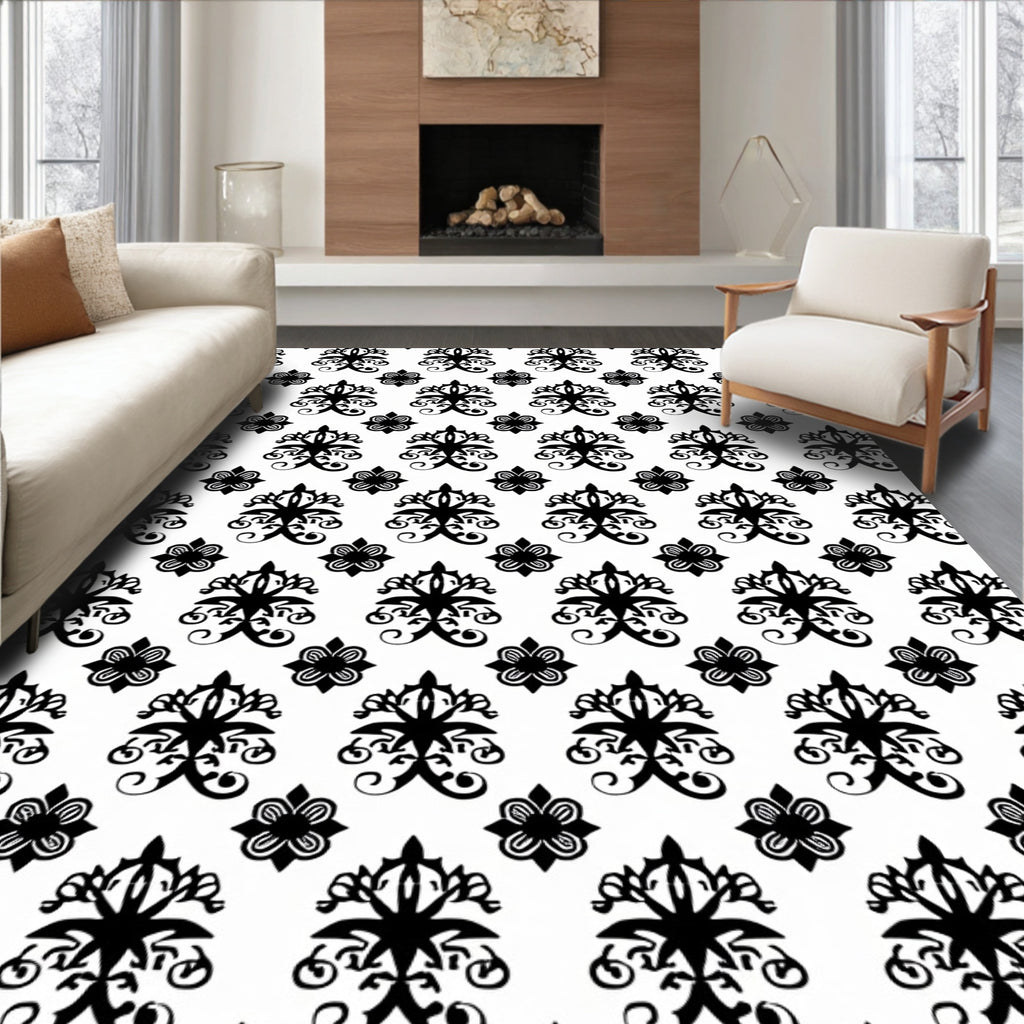 Black White Classic Floral Damask Rug
