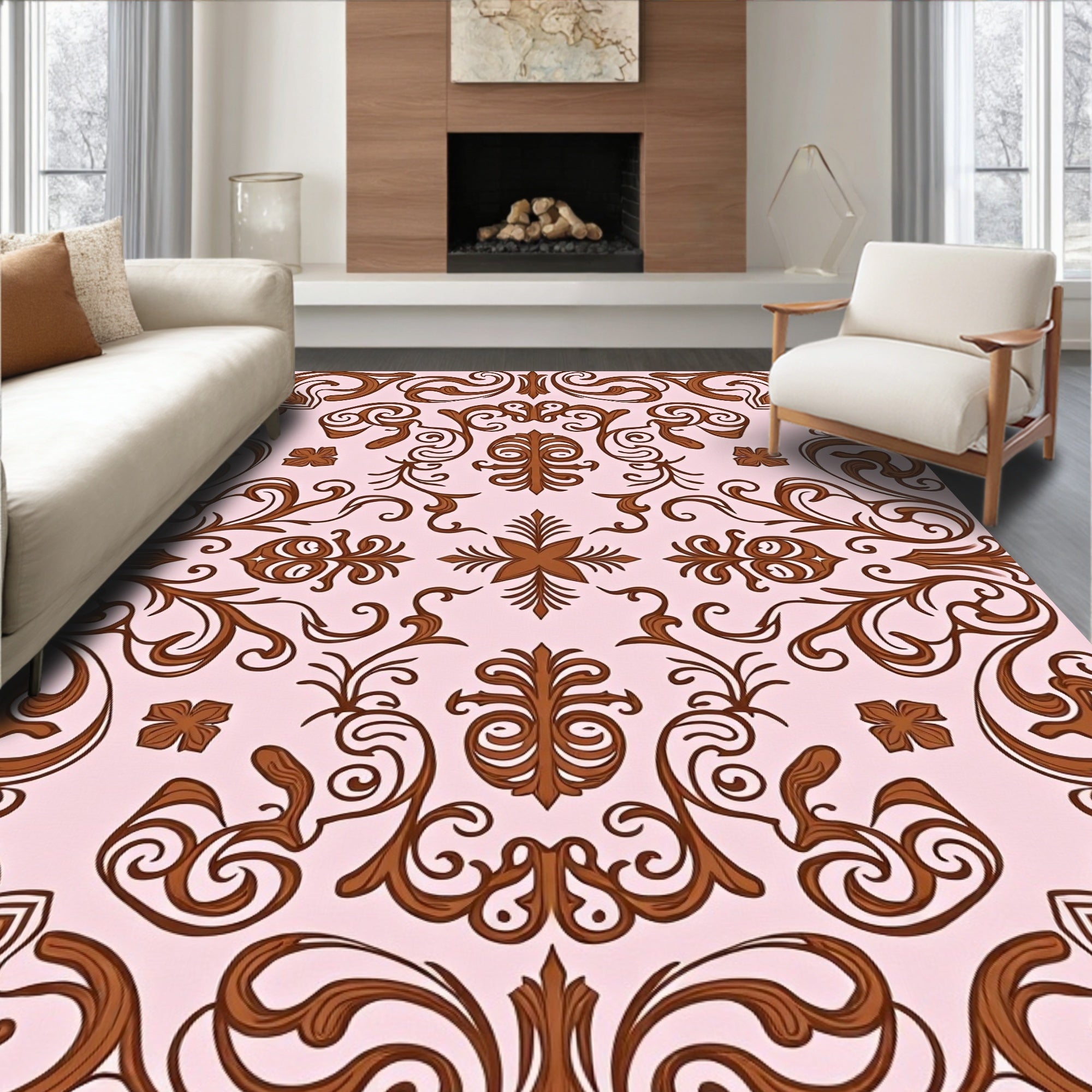 Ornate Brown Floral Swirl Accent Rug