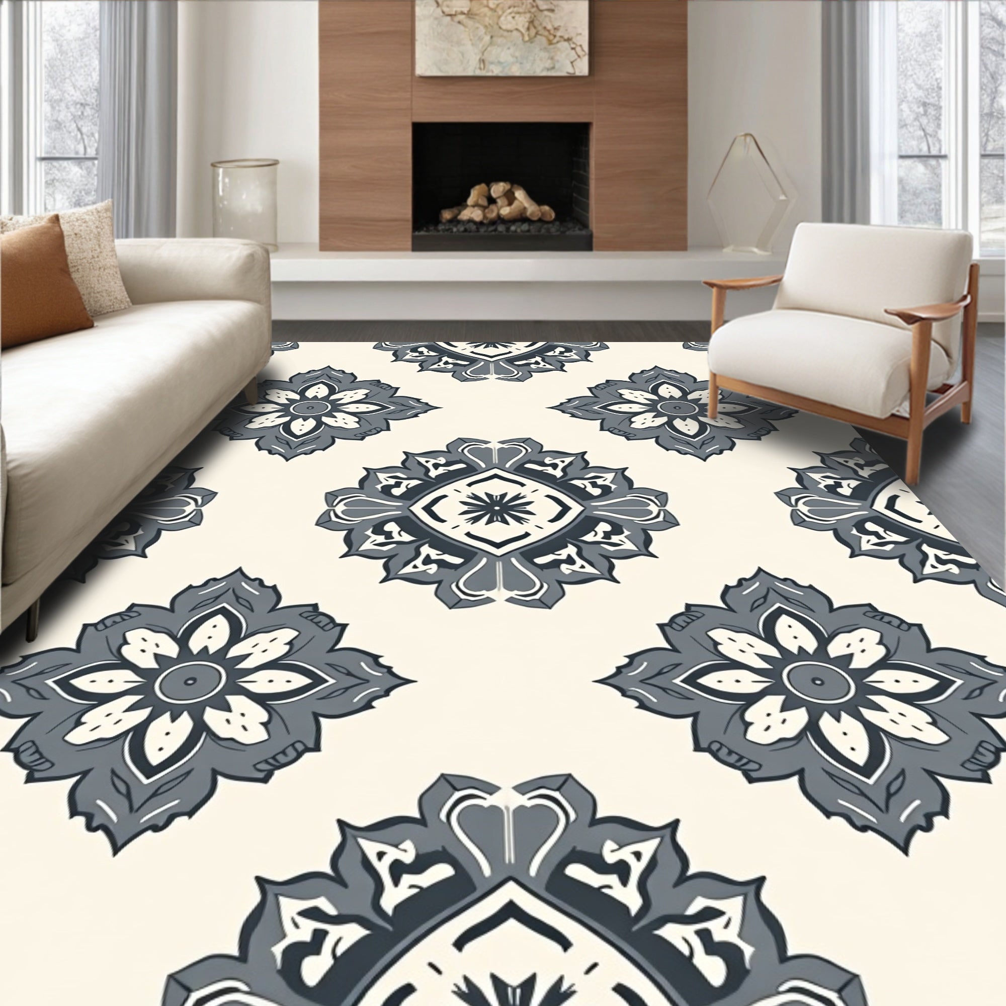 Ornate Gray Floral Medallion Pattern Rug