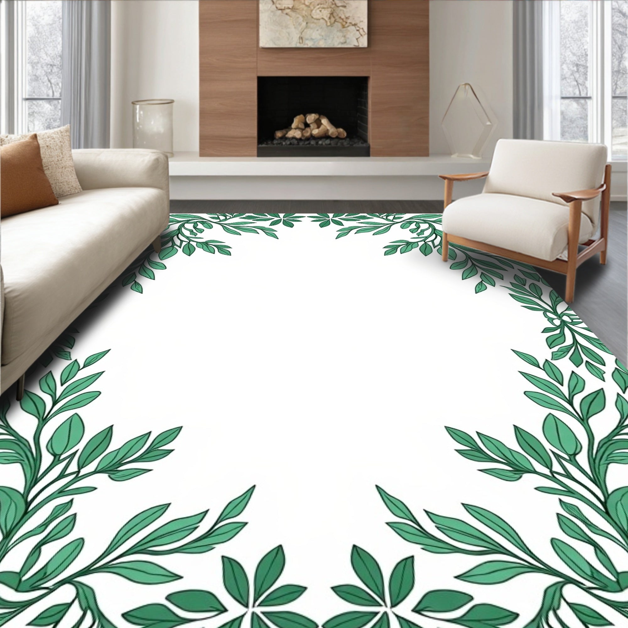 Green Leafy Vine Border Design Rug