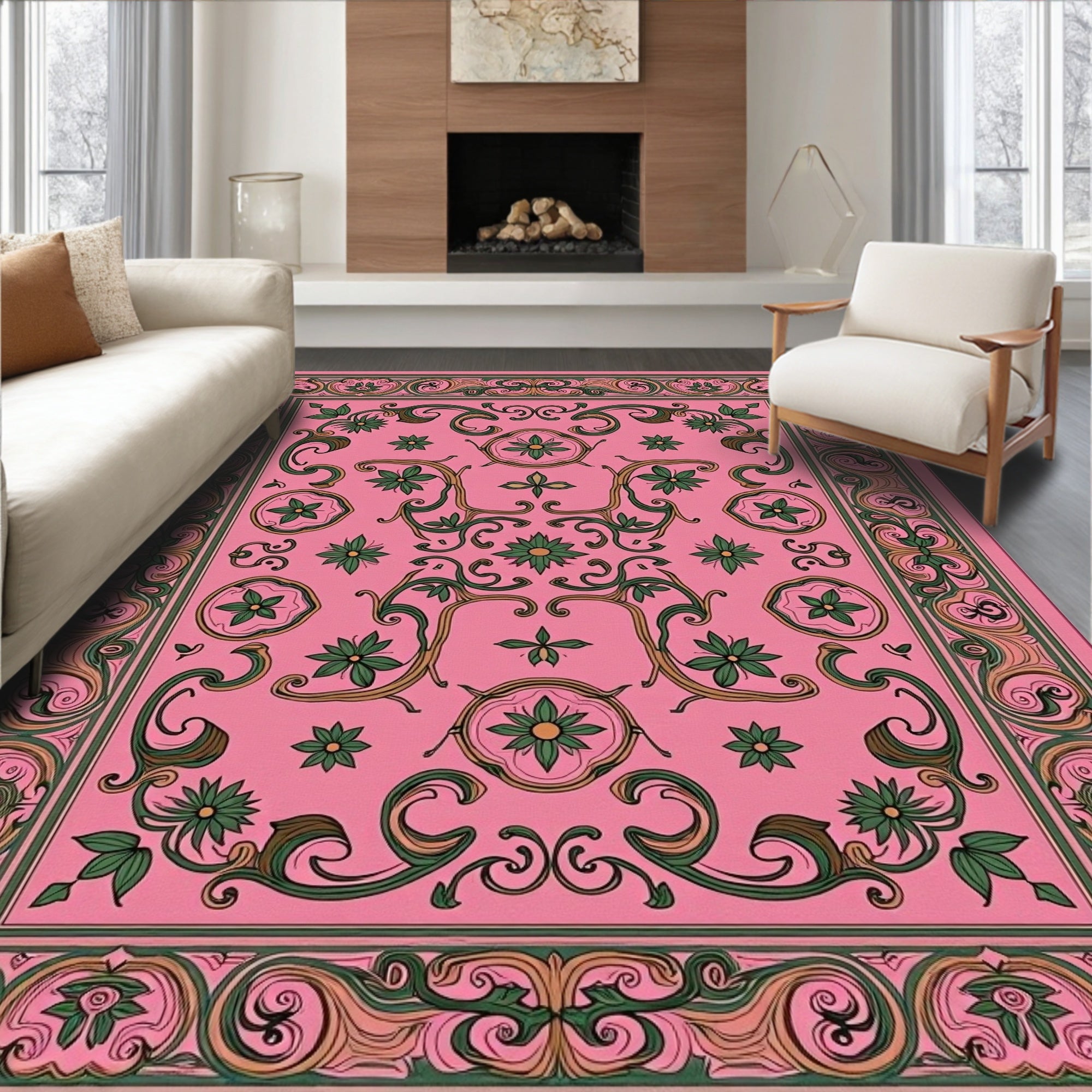 Pink Floral Swirls Detailed Pattern Rug