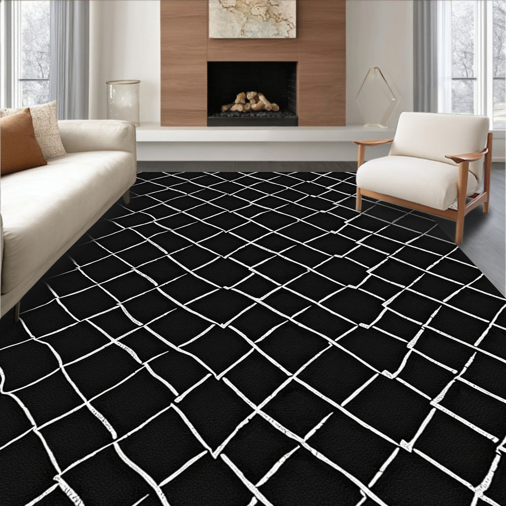 Black White Woven Net Pattern Rug