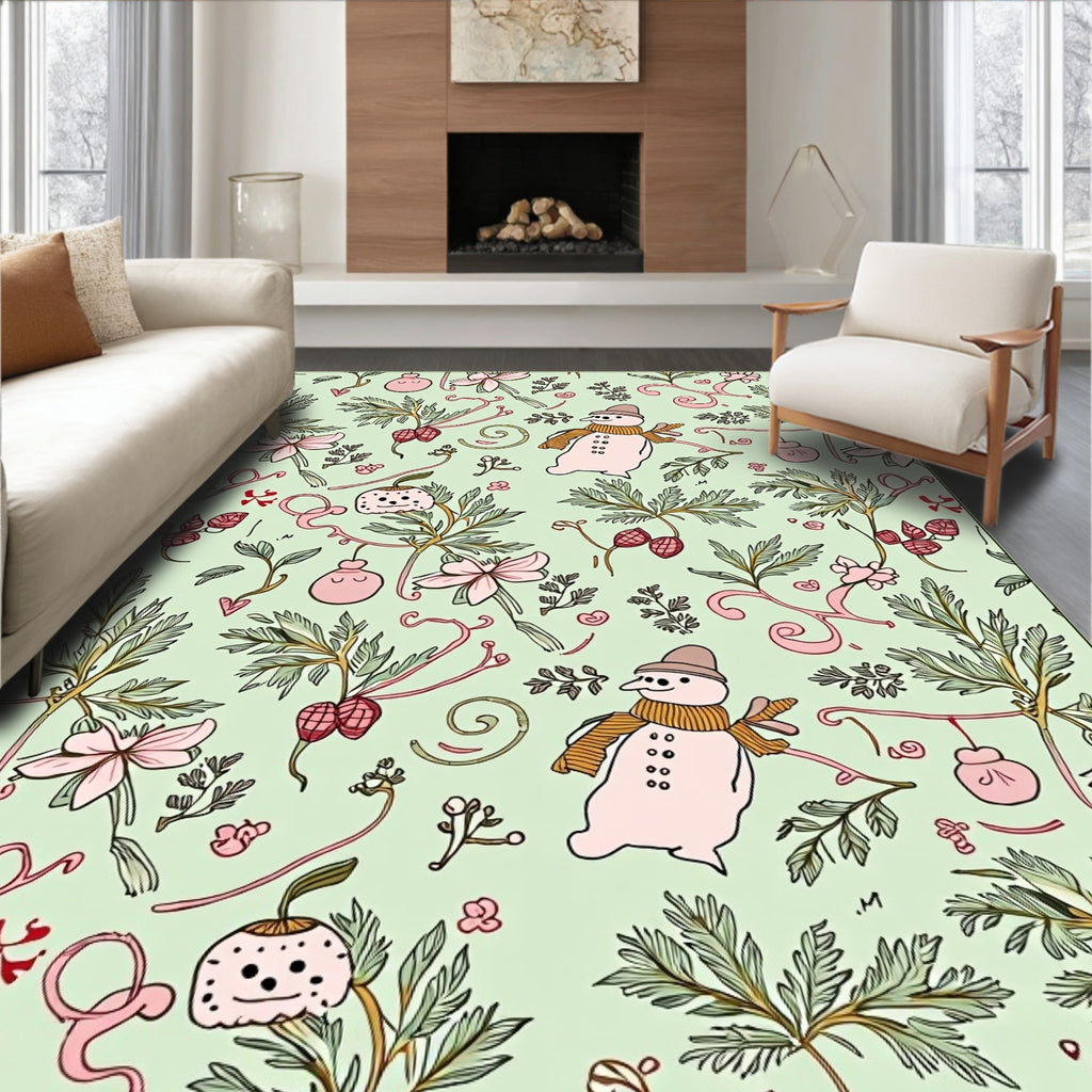 Whimsical Winter Snowman Floral Garland Rug