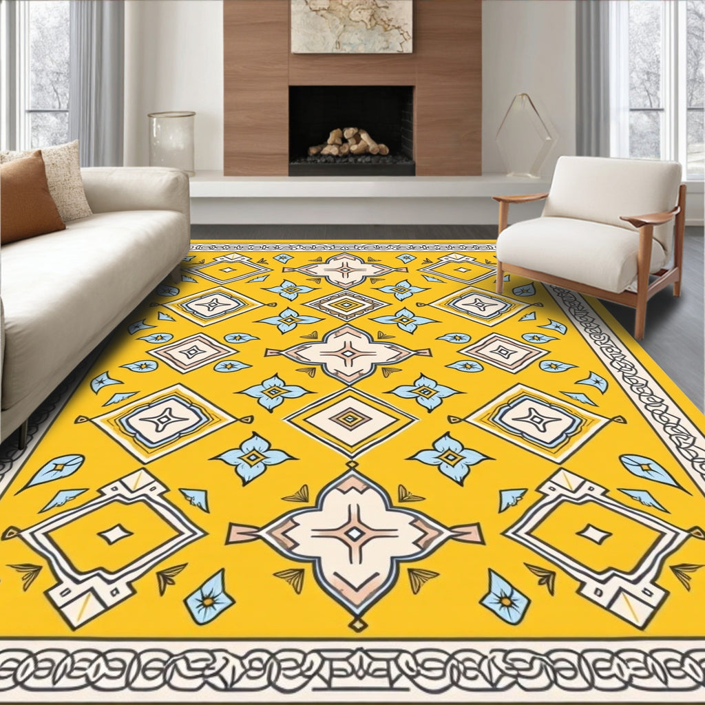 Golden Yellow Geometric Floral Medallion Rug