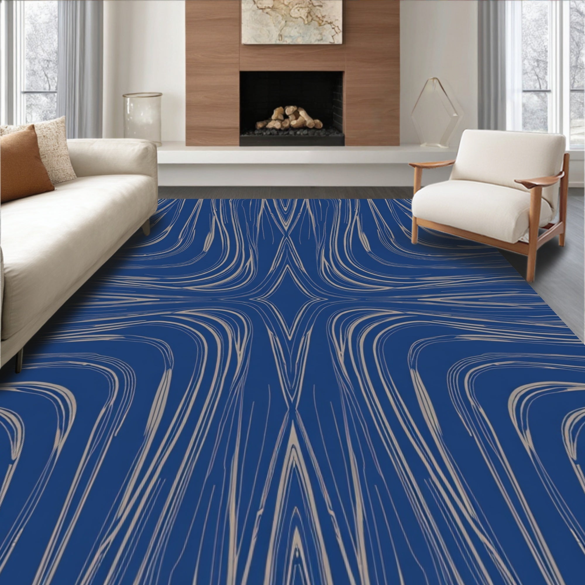 Abstract Blue Beige Swirl Pattern Rug