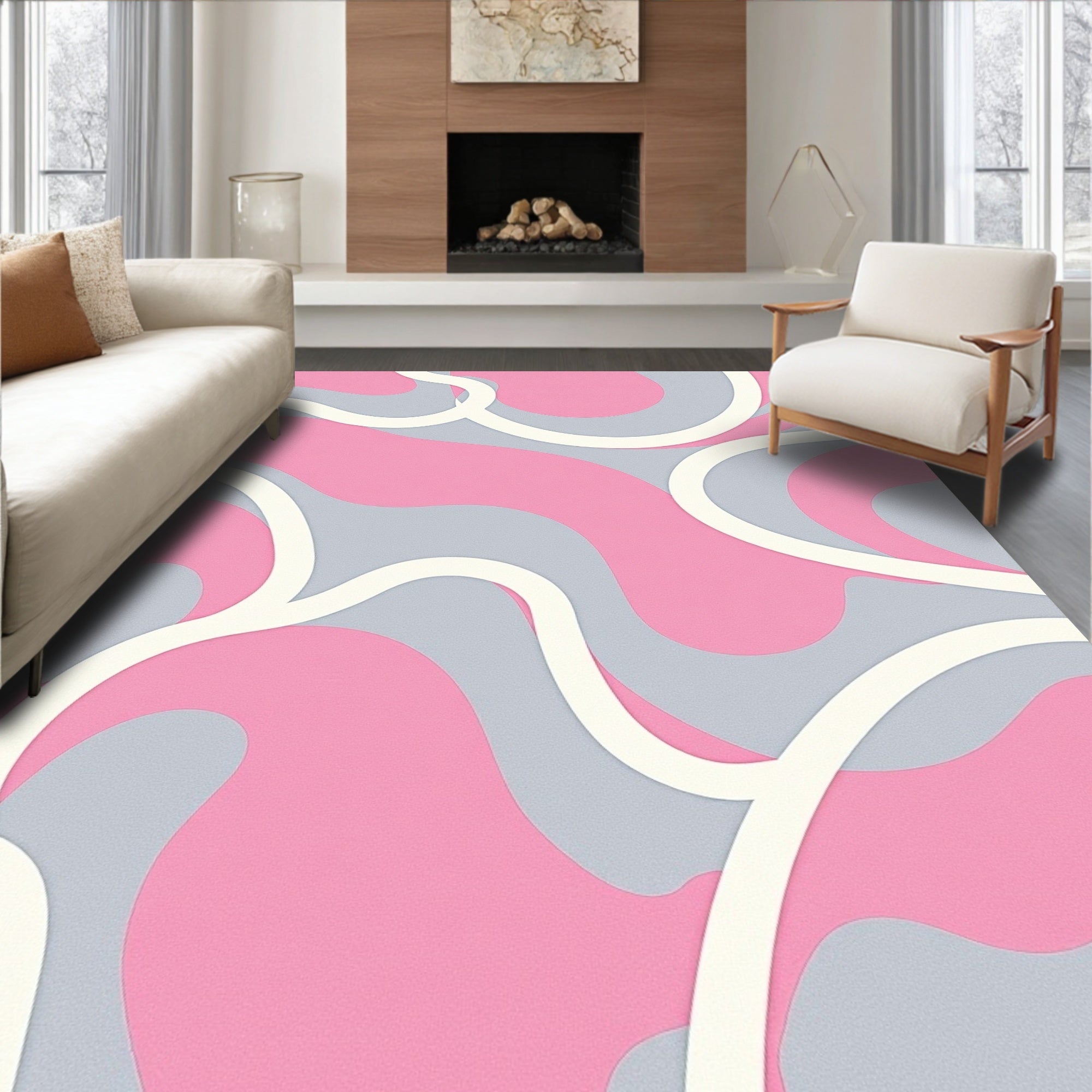 Pink And Grey Flowing Lines Design Rug