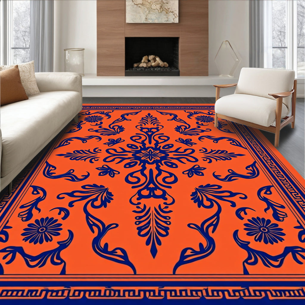 Bold Orange Navy Floral Medallion Rug