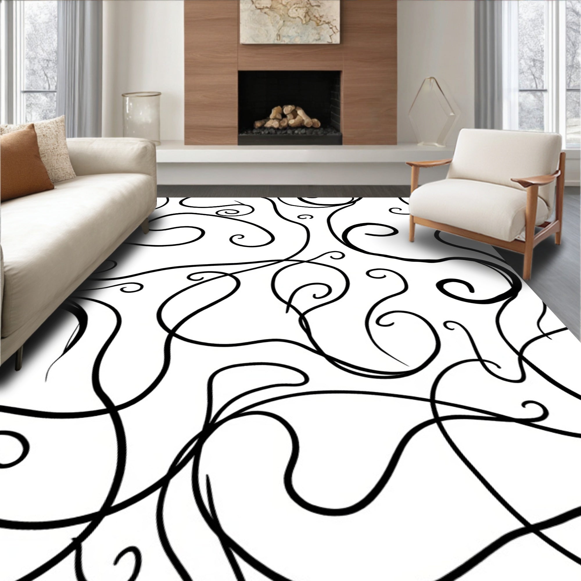 Black White Swirling Vine Pattern Rug