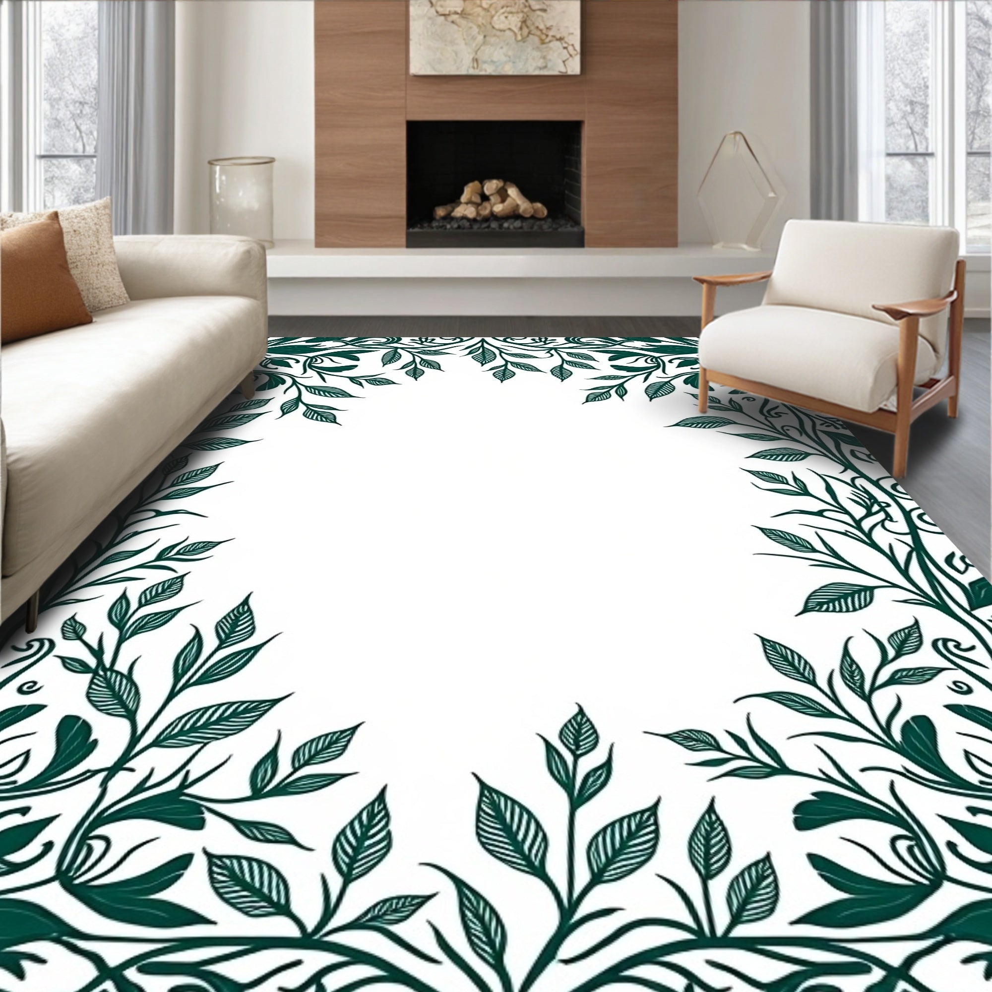 Emerald Green Botanical Vine Border Rug