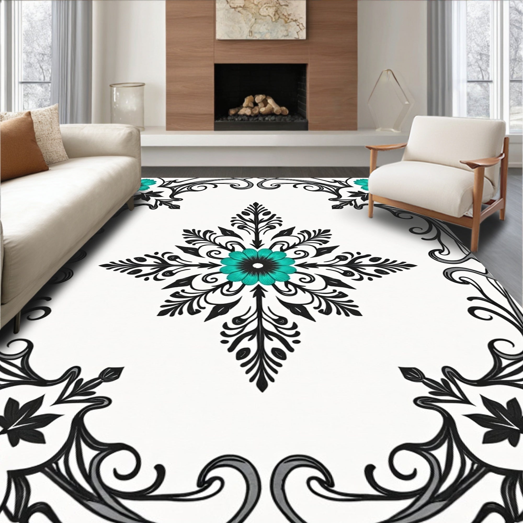 Vibrant Teal Floral Scrollwork Design Rug