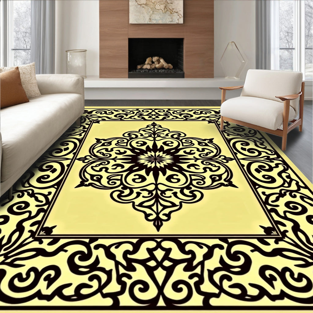 Intricate Black Floral Swirl Medallion Rug