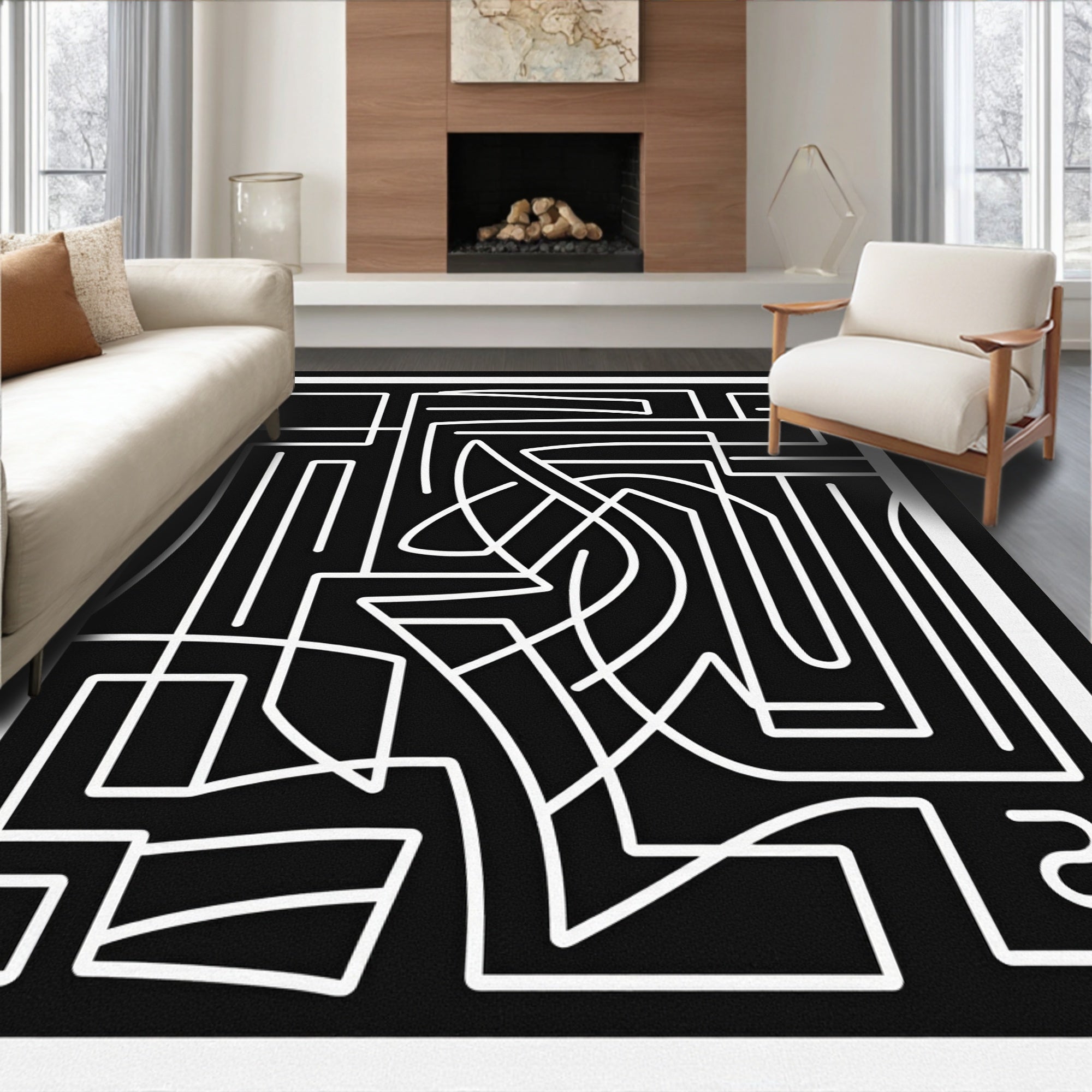 Modern Abstract Black White Graphic Rug