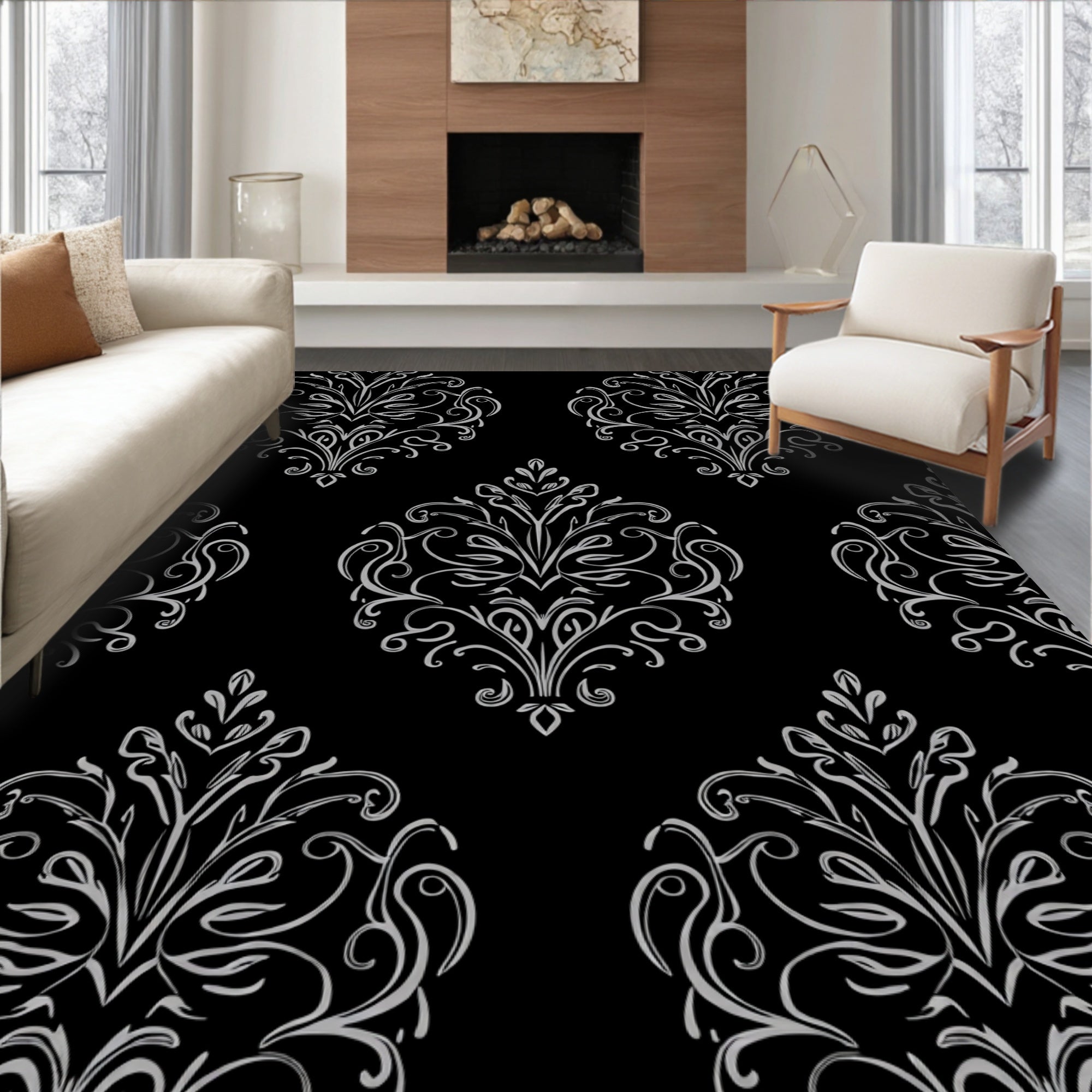 Classic Scrollwork Inverted Damask Pattern Rug