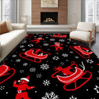 Red Santa Sleigh Snowflake Holiday Scene Rug